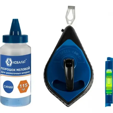 Набор из шнура и краски КОБАЛЬТ длина шнура 30 м, в пластиковом корпусе, синий меловой порошок, 115 гр, уровень 907-224 Набор из шнура и краски КОБАЛЬТ длина шнура 30 м, в пластиковом корпусе, синий меловой порошок, 115 гр, уровень 907-224